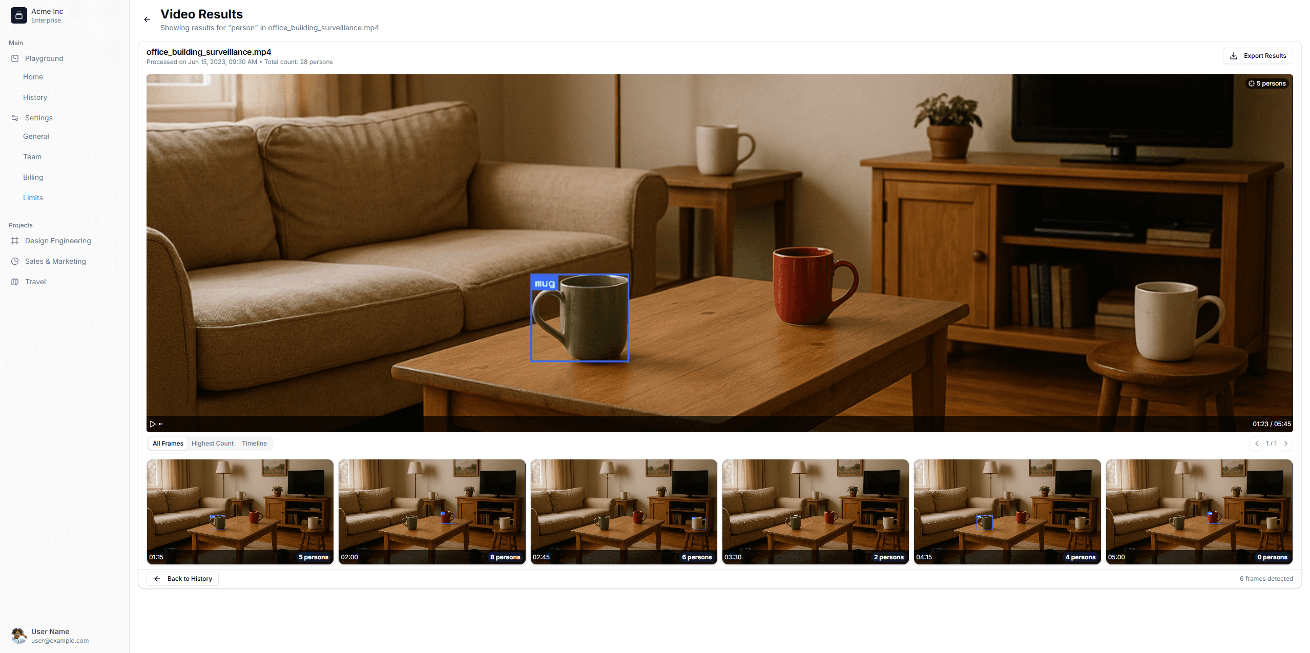 Interface of the Video Object Search app displaying detected objects in video frames